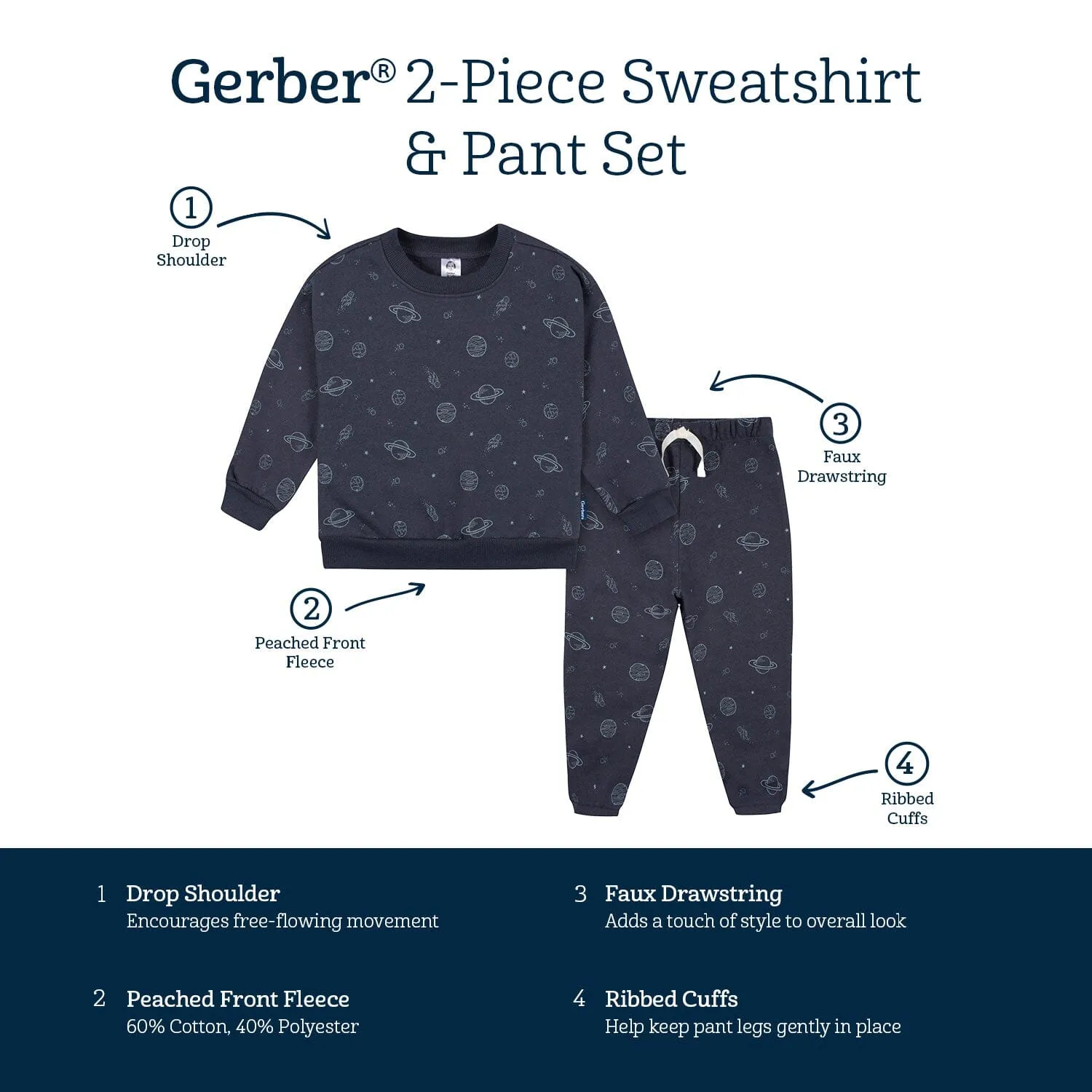 2-Piece Infant and Toddler Boys Navy Space Sweatshirt & Pant Set