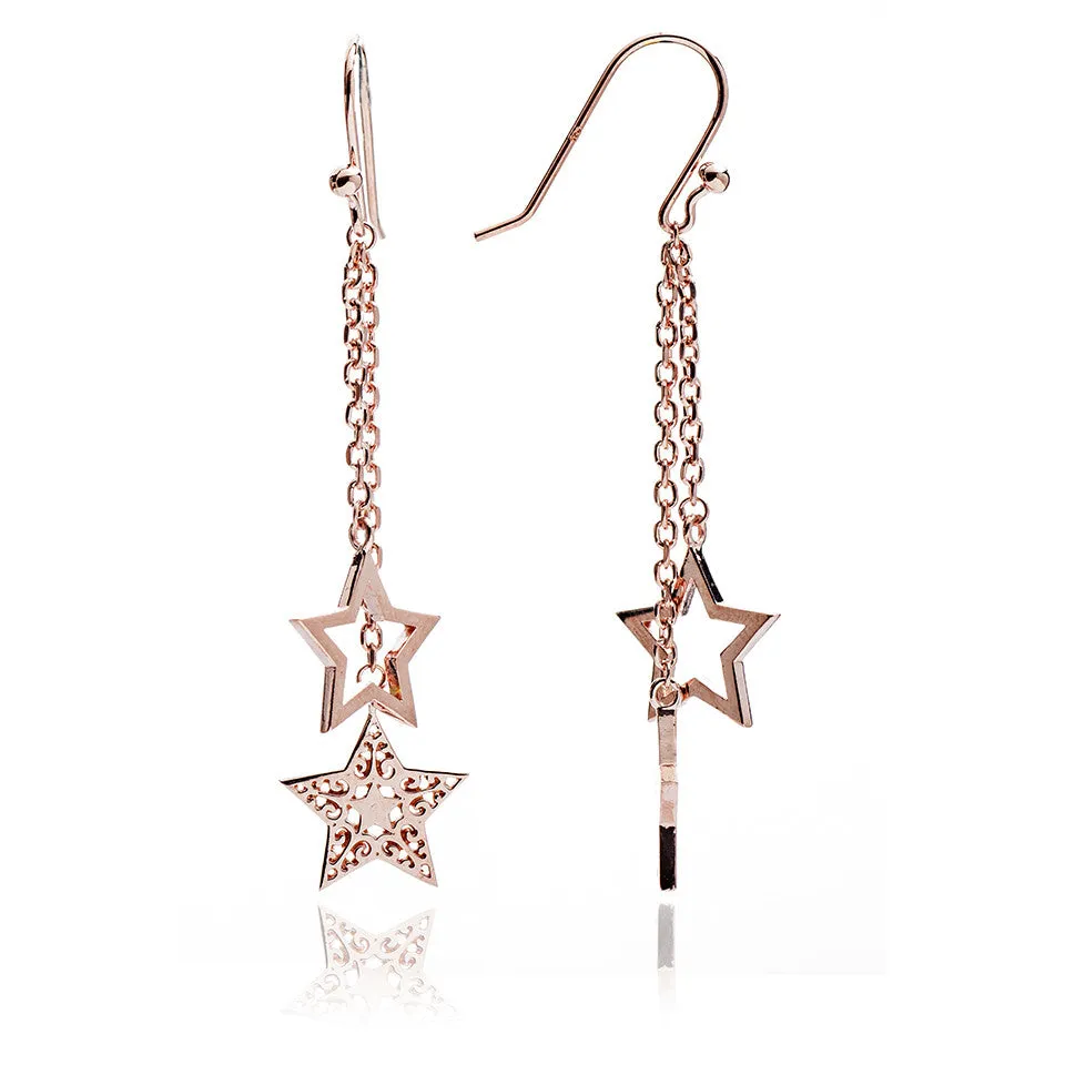 75% DISCOUNT Ladies/Girls' Unique  Celestial 18ct Rose Gold Vermeil Star Charm Dangle Earrings