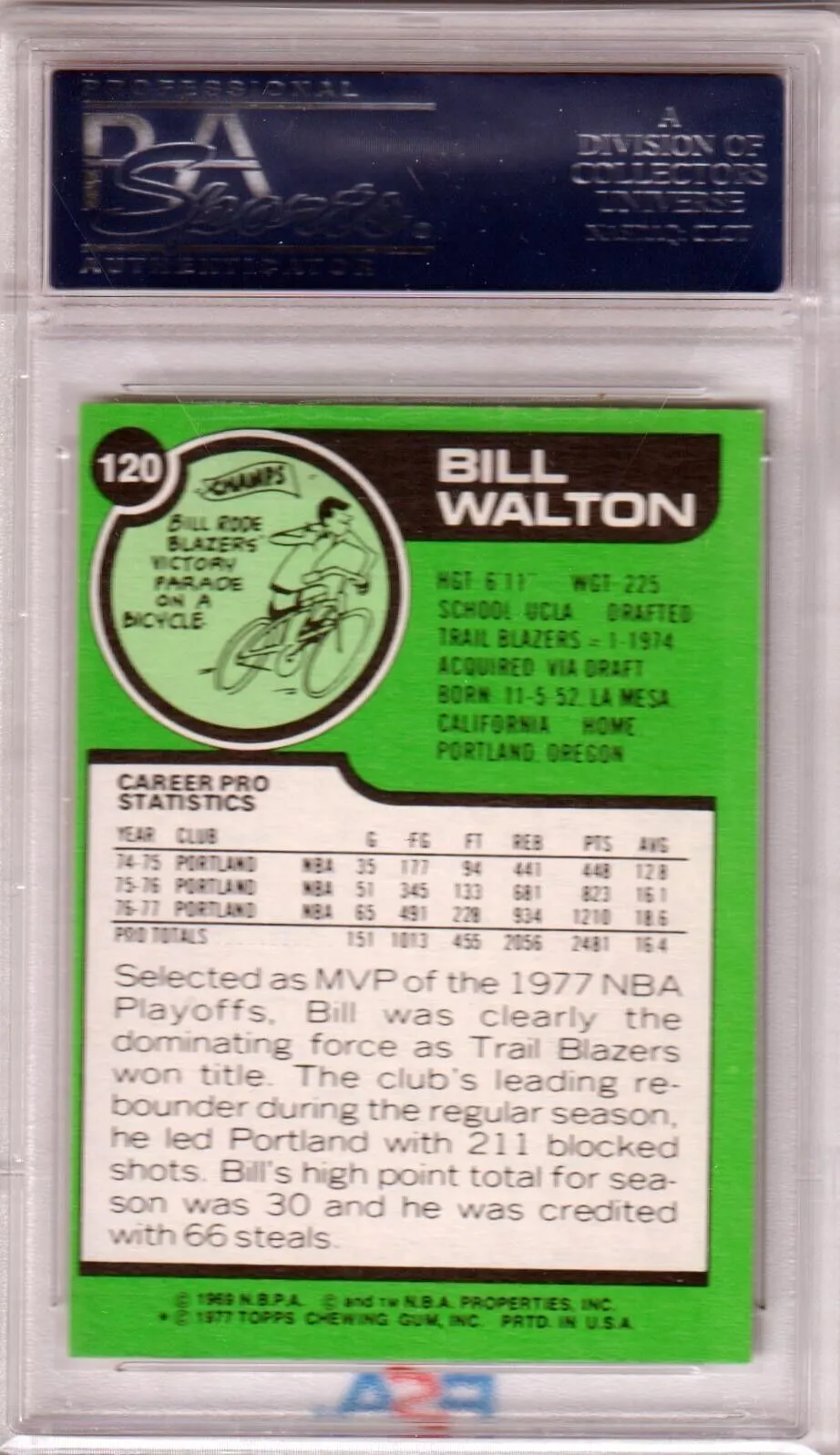 BILL WALTON 1977-78 Topps #120 PSA 9 MINT - TRAIL BLAZERS