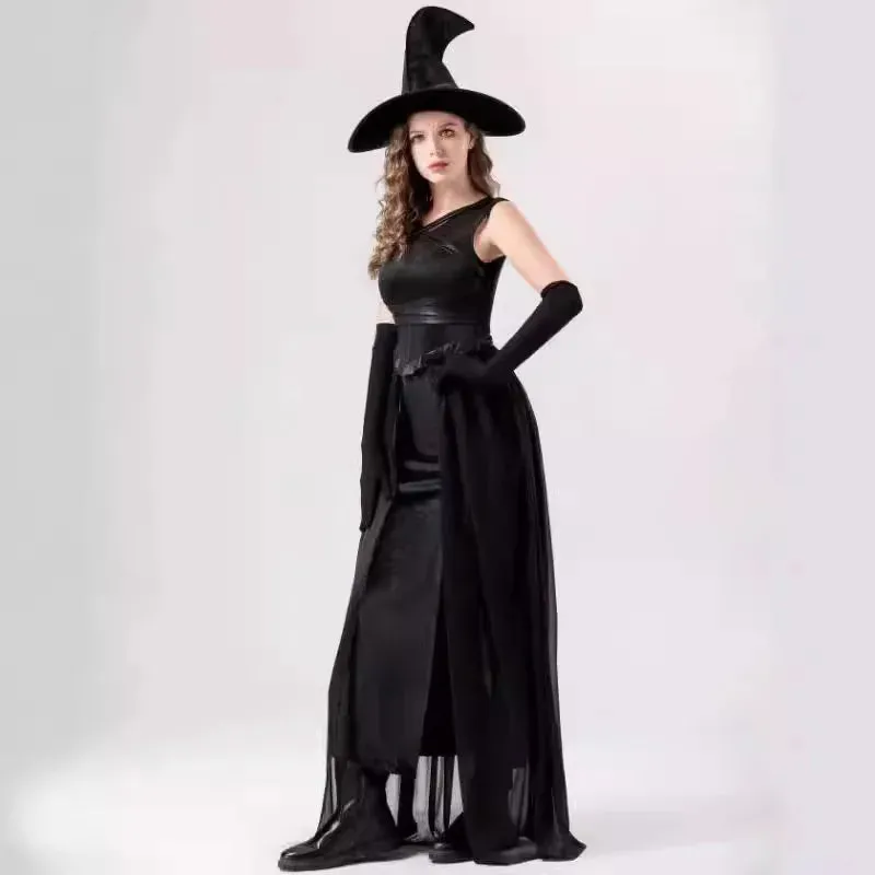 Black Hat Vampire Magic Wizard Witch Gothic Gown Gloves Cosplay Retro Attire