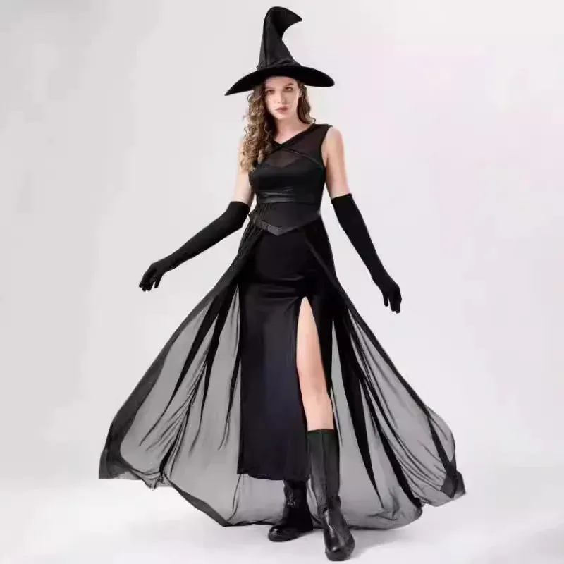 Black Hat Vampire Magic Wizard Witch Gothic Gown Gloves Cosplay Retro Attire