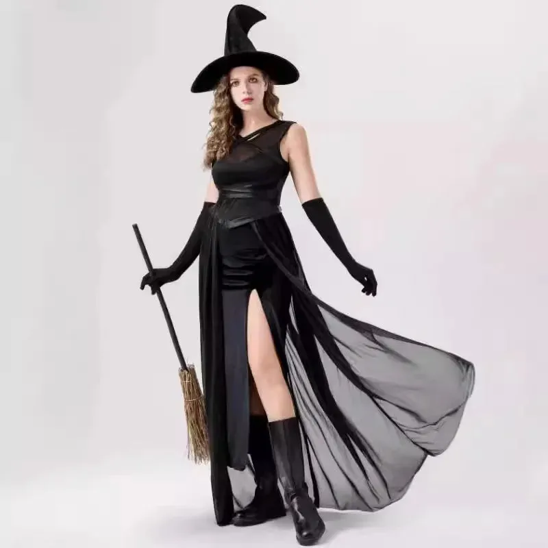 Black Hat Vampire Magic Wizard Witch Gothic Gown Gloves Cosplay Retro Attire