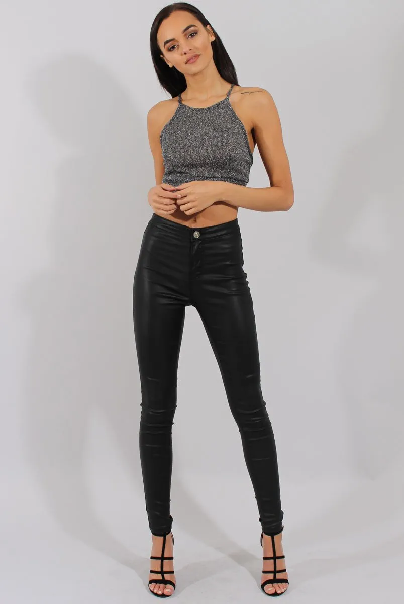 Black Sparkle Halter Neck Crop Top - Charla