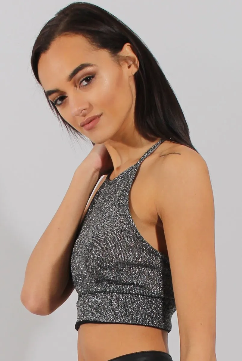 Black Sparkle Halter Neck Crop Top - Charla