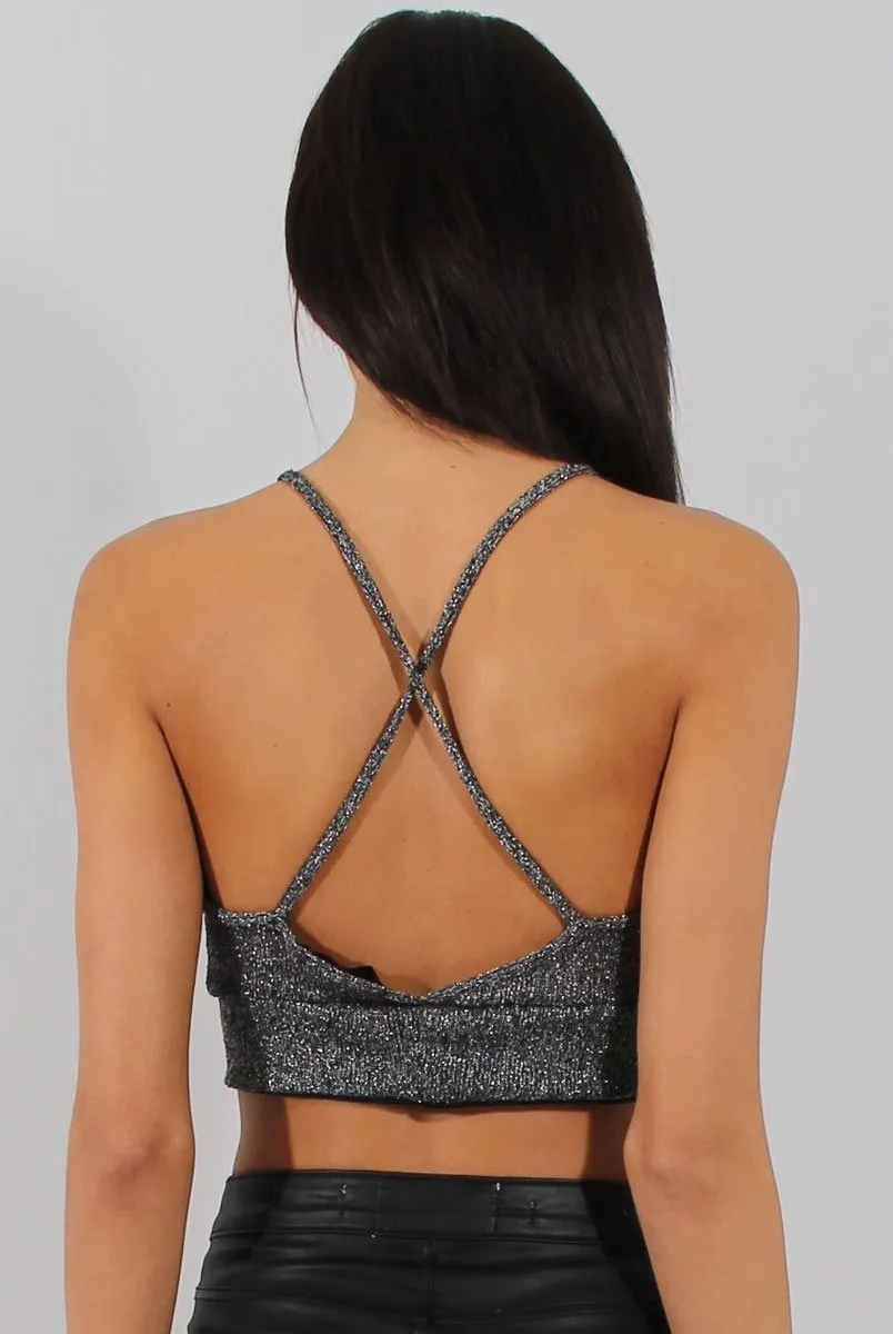 Black Sparkle Halter Neck Crop Top - Charla