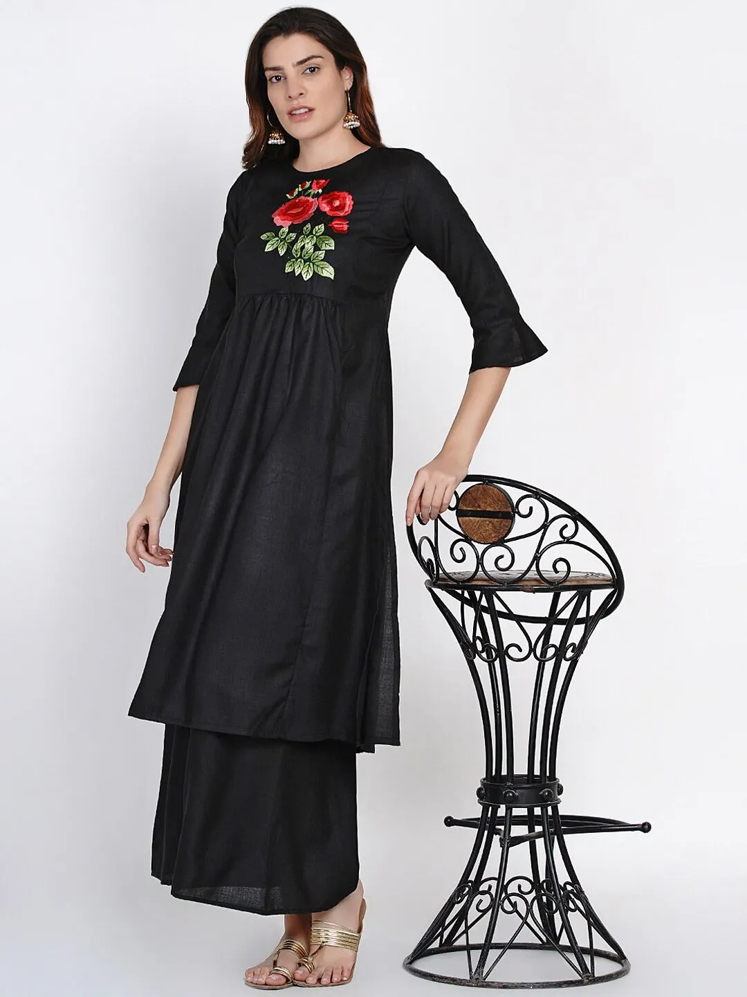 Black Yoke Embroidered Kurta With Palazzos