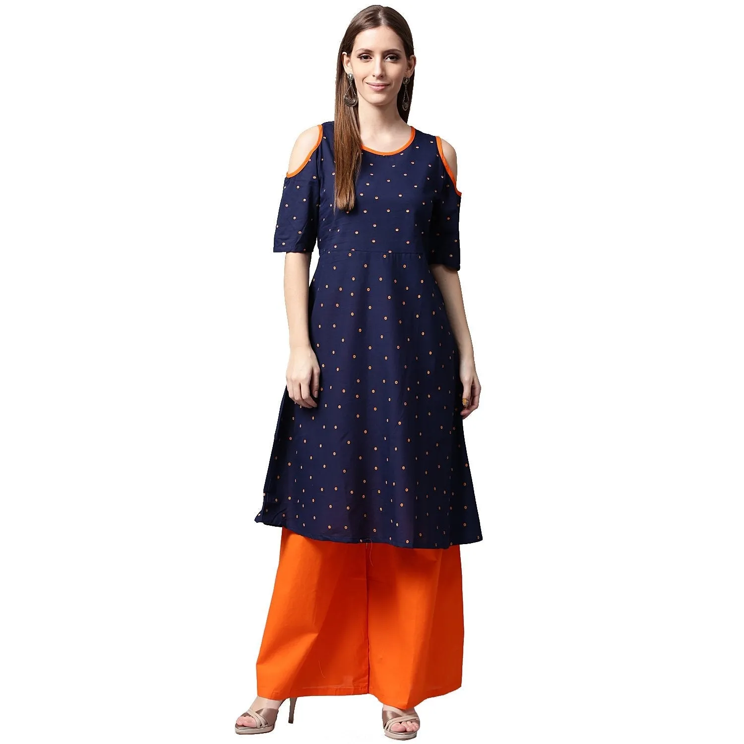 Blue Printed Half Sleeve Cotton Kurta With Orange Palazzos