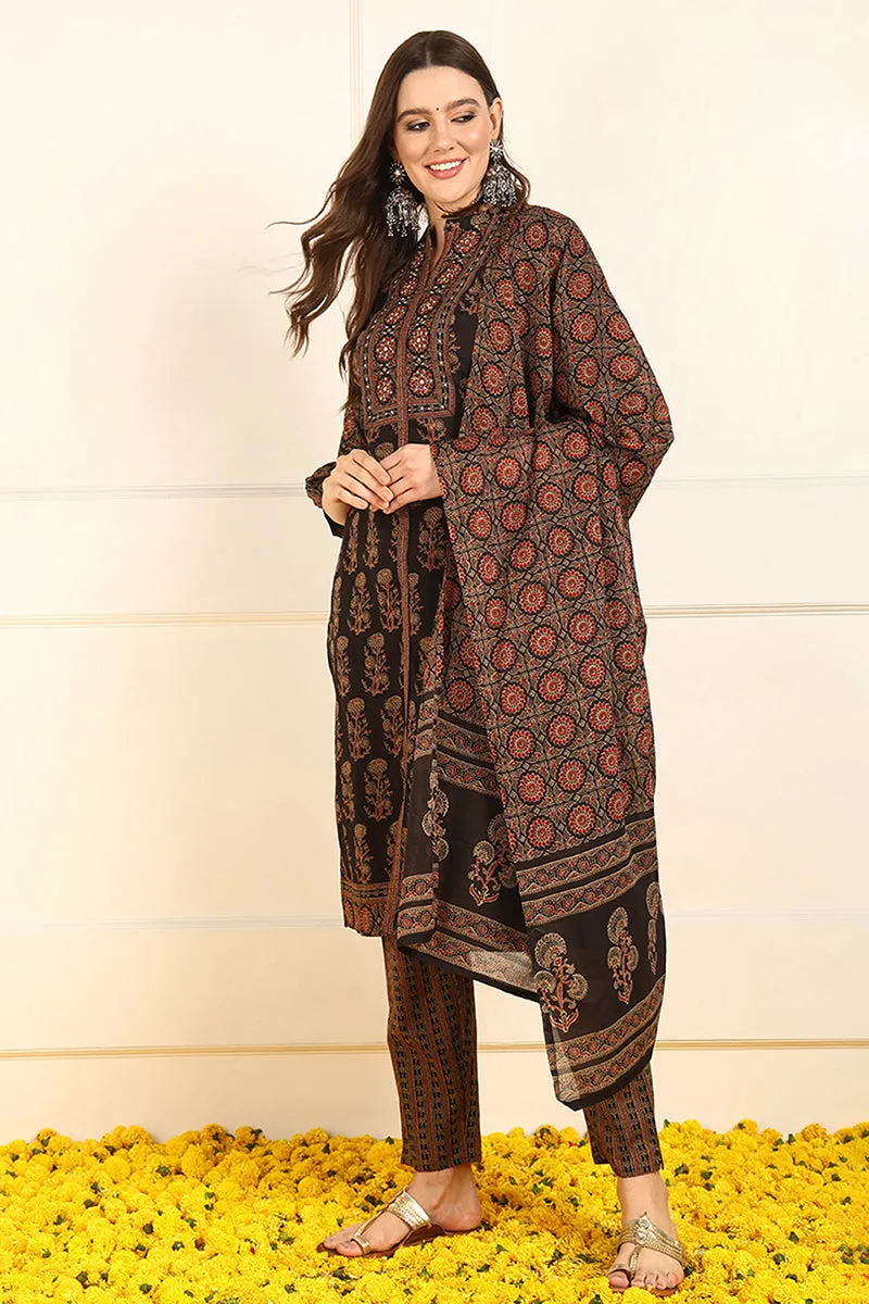 Brown Pure Cotton Ethnic Motifs Embroidered Straight Suit Set