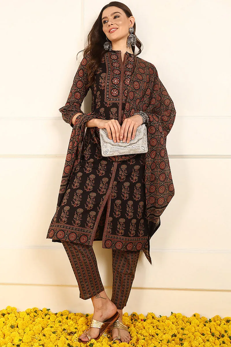 Brown Pure Cotton Ethnic Motifs Embroidered Straight Suit Set