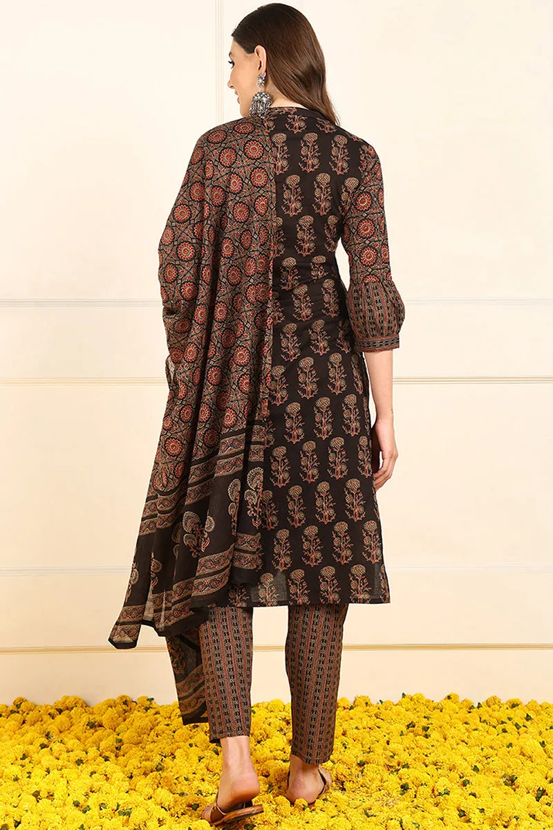 Brown Pure Cotton Ethnic Motifs Embroidered Straight Suit Set