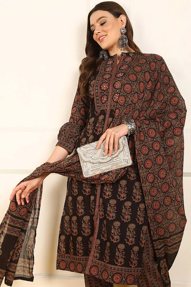 Brown Pure Cotton Ethnic Motifs Embroidered Straight Suit Set