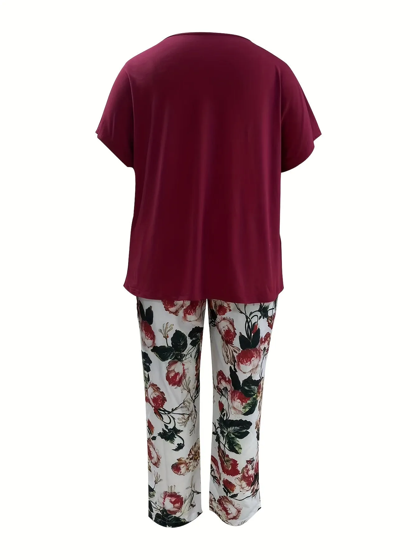 Curve Harmony Plus Size Two-Piece Set - Solid Short Sleeve Round Neck Top & Floral Print Pants Ensemble for Women