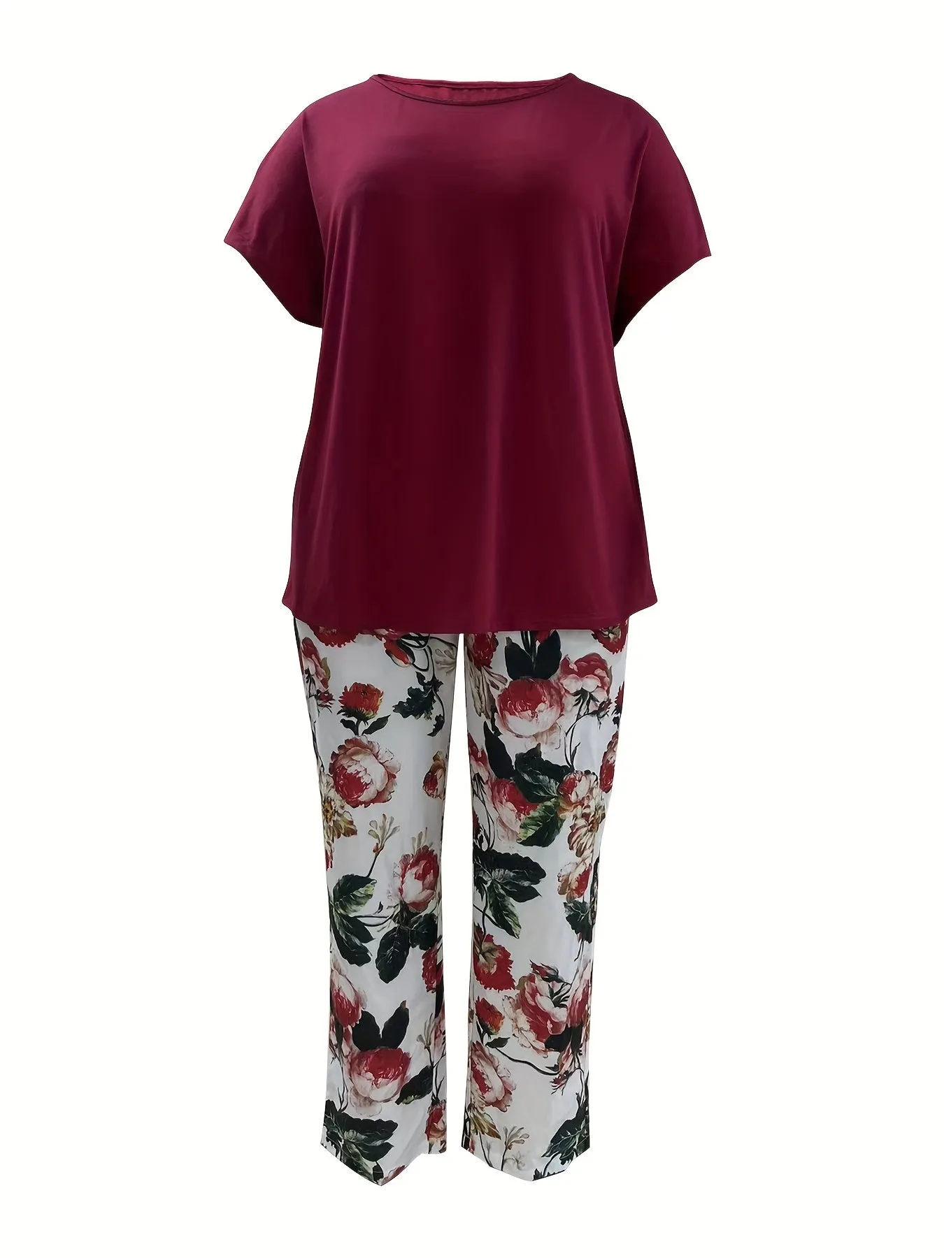 Curve Harmony Plus Size Two-Piece Set - Solid Short Sleeve Round Neck Top & Floral Print Pants Ensemble for Women