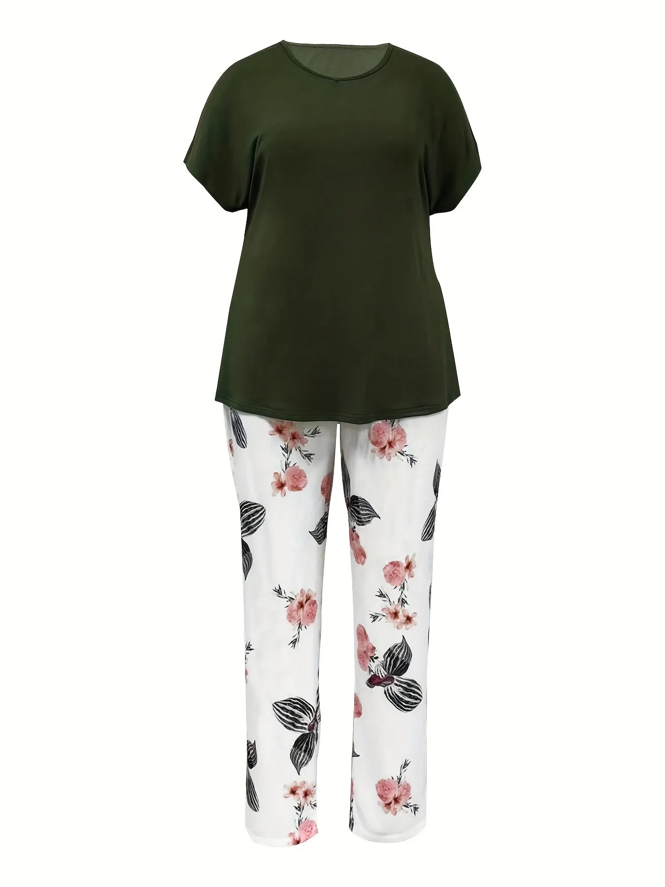 Curve Harmony Plus Size Two-Piece Set - Solid Short Sleeve Round Neck Top & Floral Print Pants Ensemble for Women