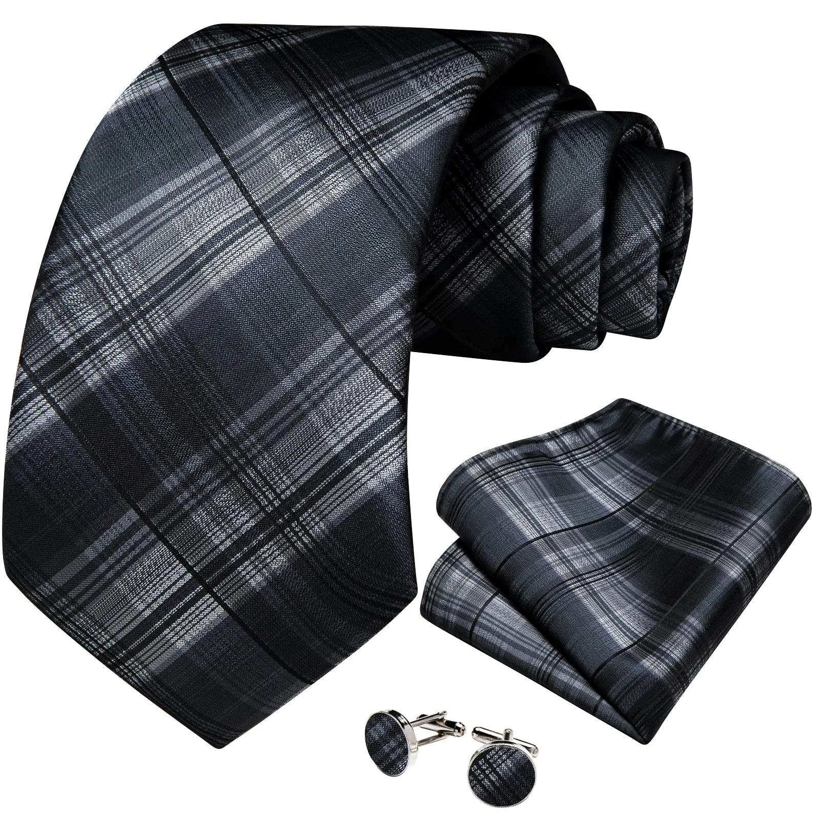 DiBanGu Men's Suit Tie Grey Black Stripe Silk Tie Pocket Square Cufflinks Set