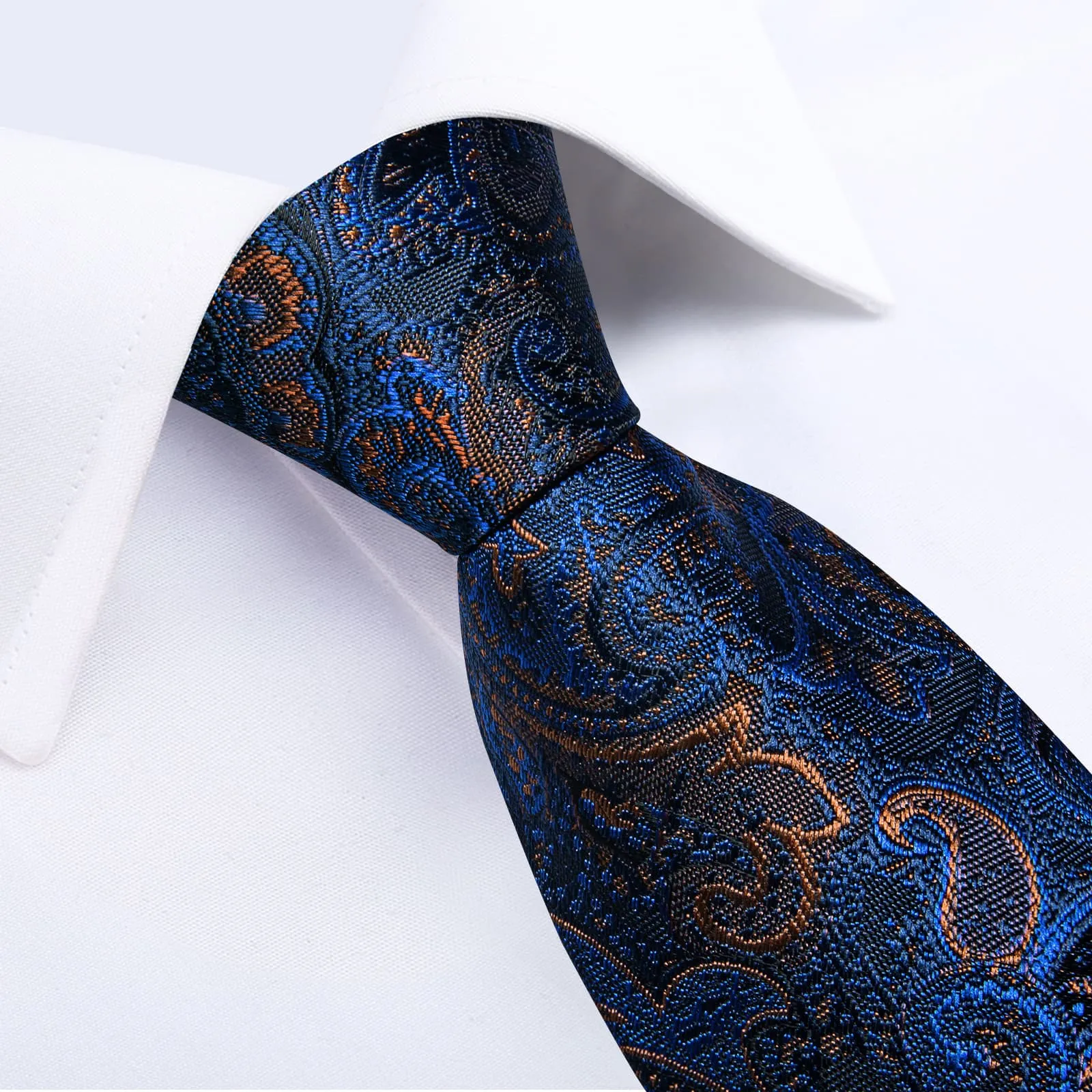 DiBanGu Silk Tie Azure Blue Paisley Lazy Easy-pull Mens Dress Tie Hanky Cufflinks Set