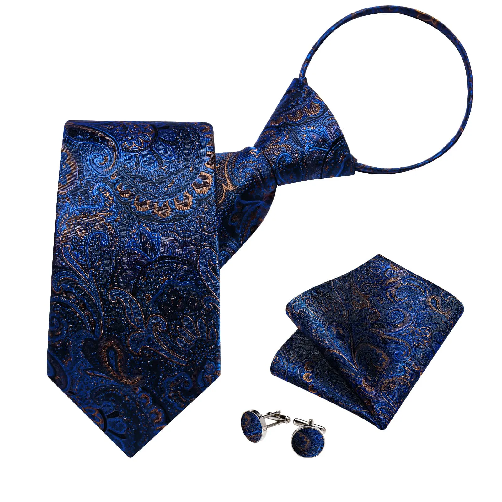 DiBanGu Silk Tie Azure Blue Paisley Lazy Easy-pull Mens Dress Tie Hanky Cufflinks Set