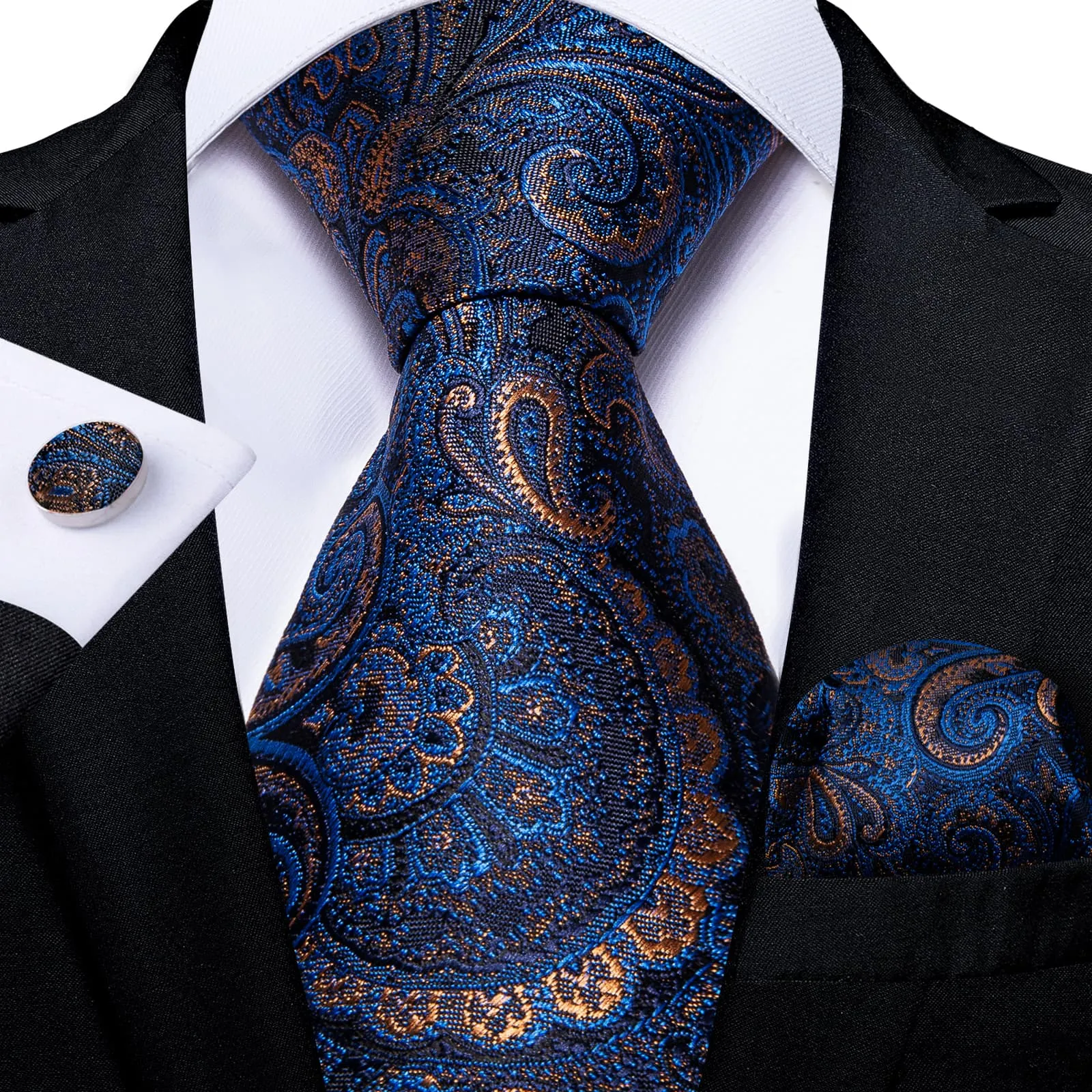 DiBanGu Silk Tie Azure Blue Paisley Lazy Easy-pull Mens Dress Tie Hanky Cufflinks Set