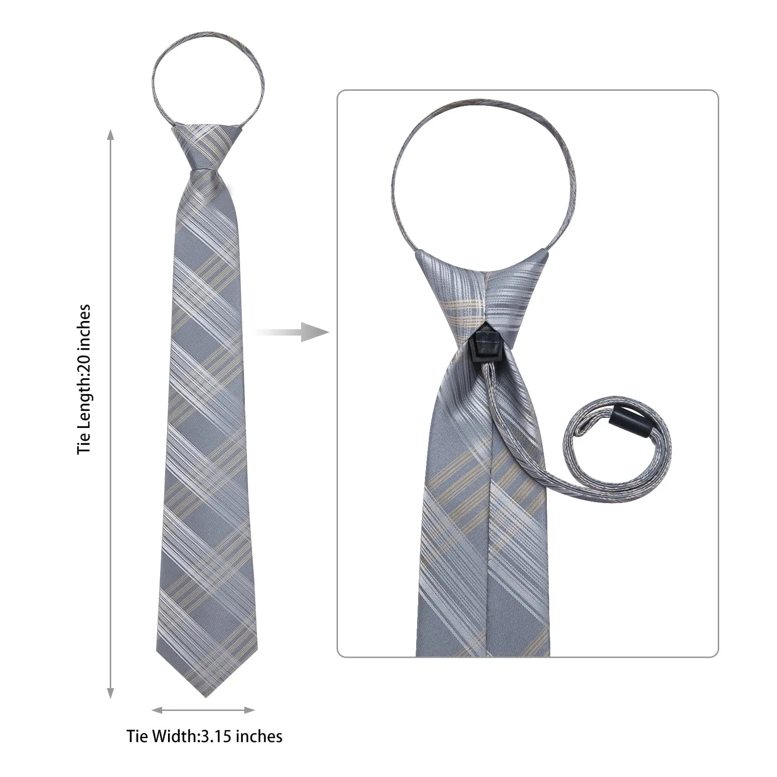 DiBanGu Silk Tie Silver White Plaid Lazy Easy-pull Mens Dress Tie Hanky Cufflinks Set