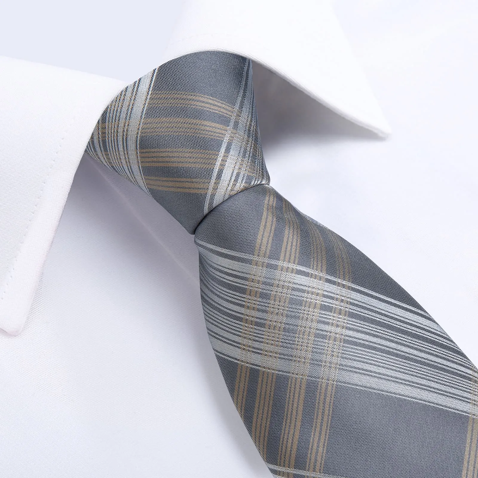 DiBanGu Silk Tie Silver White Plaid Lazy Easy-pull Mens Dress Tie Hanky Cufflinks Set