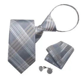 DiBanGu Silk Tie Silver White Plaid Lazy Easy-pull Mens Dress Tie Hanky Cufflinks Set