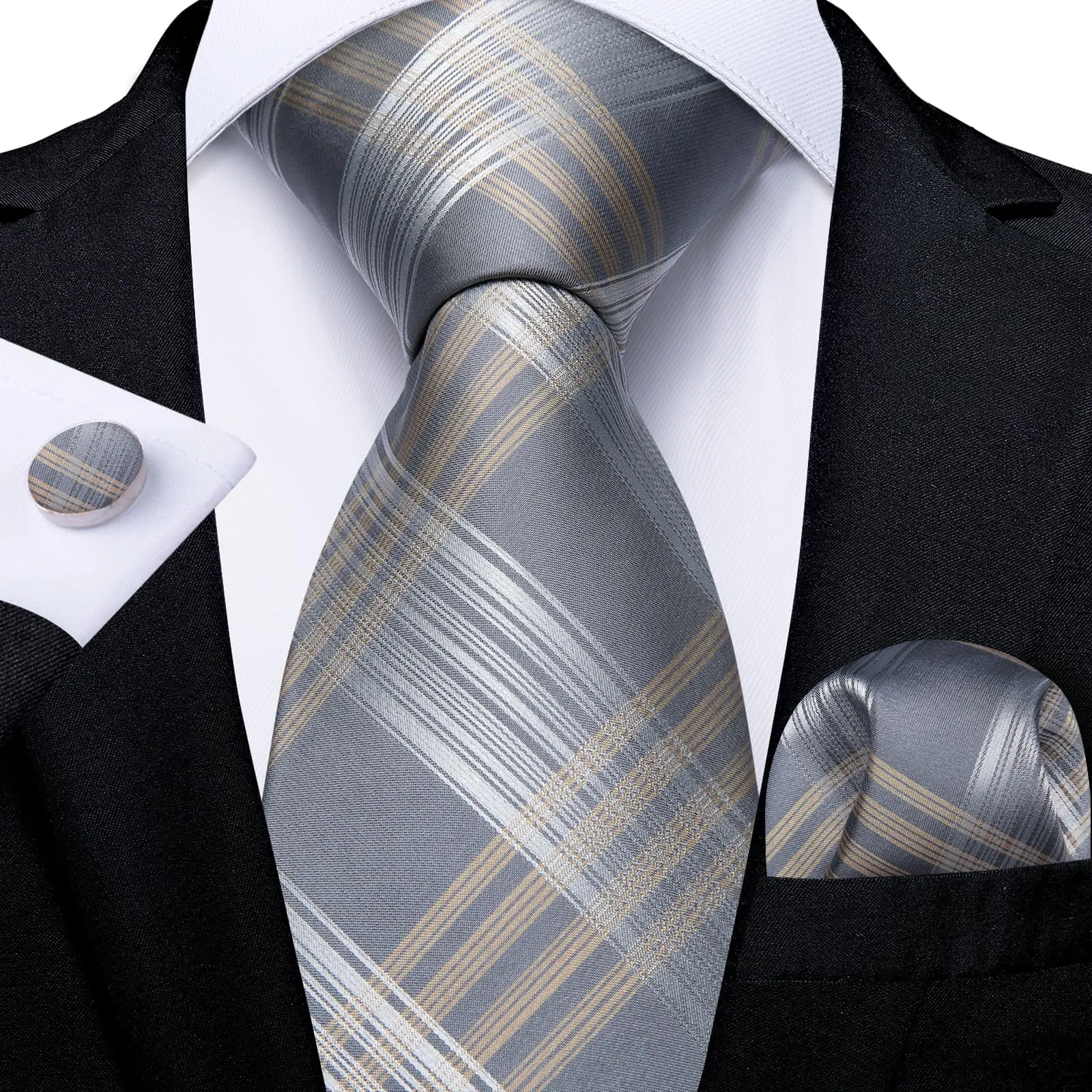 DiBanGu Silk Tie Silver White Plaid Lazy Easy-pull Mens Dress Tie Hanky Cufflinks Set