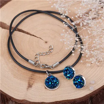 DoreenBeads Handmade Antique silver color Drusy Druzy Resin Cabochon Pendant Necklace silver color Earrings 48cm 16x14mm 1Set