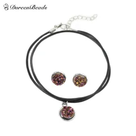 DoreenBeads Handmade Antique silver color Drusy Druzy Resin Cabochon Pendant Necklace silver color Earrings 48cm 16x14mm 1Set