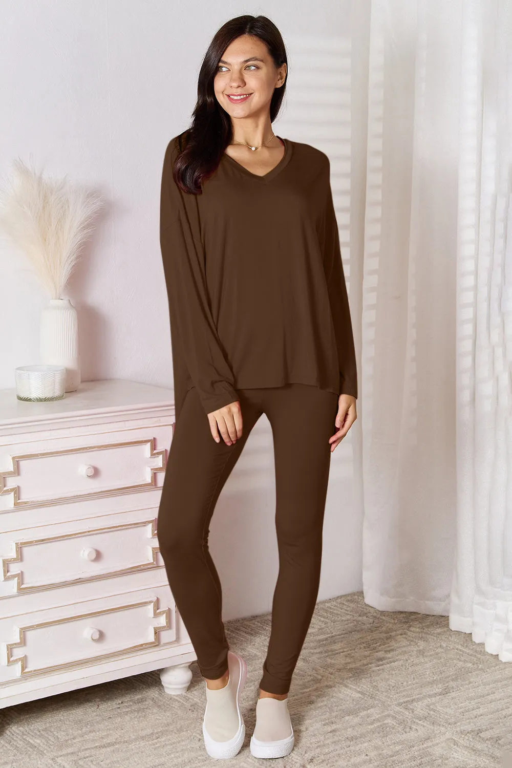 Full Size V-Neck Soft Rayon Long Sleeve Top and Pants Lounge Set