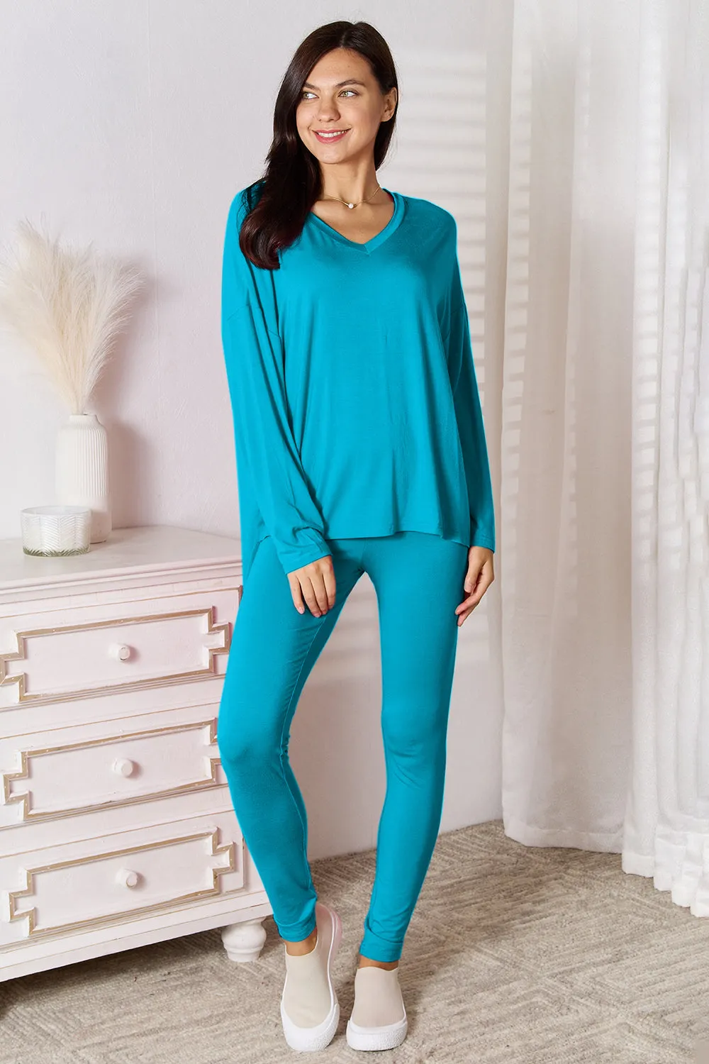 Full Size V-Neck Soft Rayon Long Sleeve Top and Pants Lounge Set