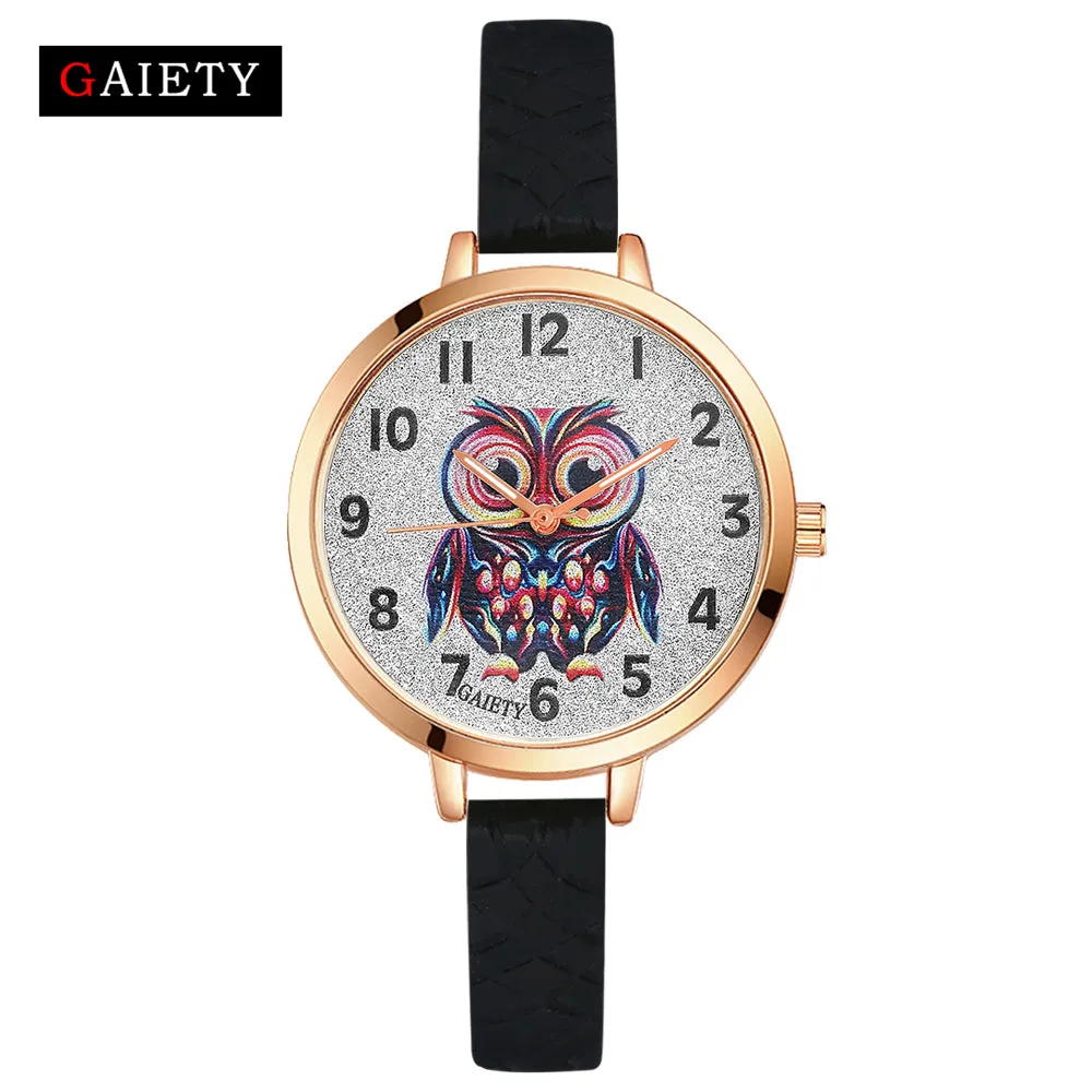 Gaiety Quartz Wrist Watch Women Fashion Silicone Strap Owl Dial Analog Sports Women Watch Female Classic Jewelry Black G286