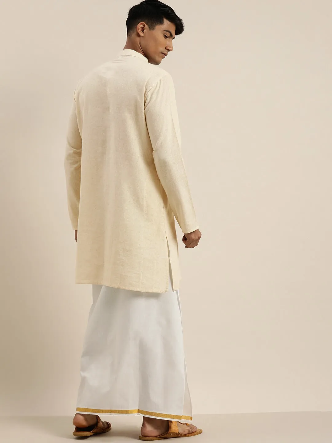 Jashvi Men Cream Pure Cotton Kurta with Mundu