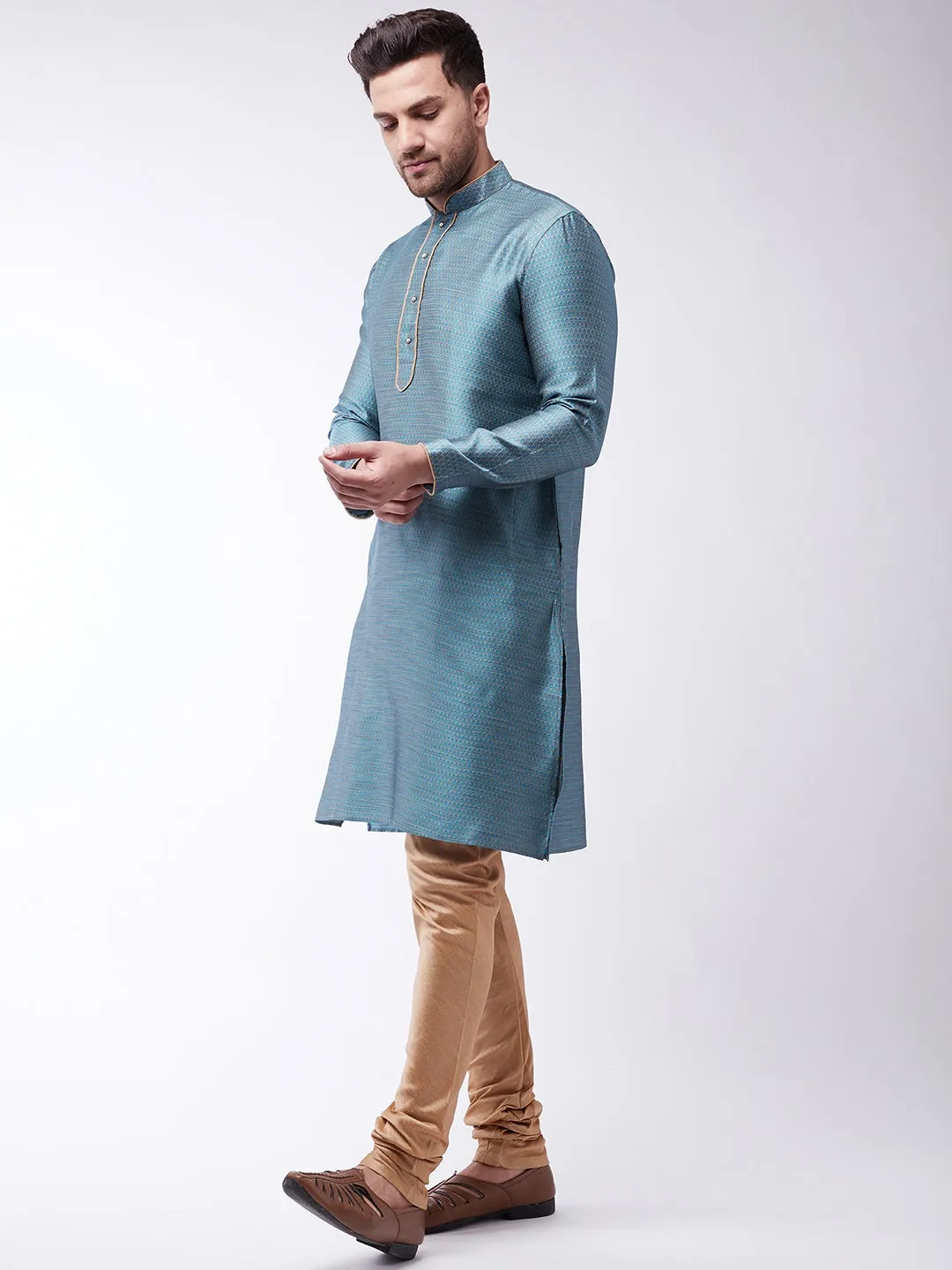 Jashvi Men's Aqua And Rose Gold Silk Blend Kurta With Churidar Set