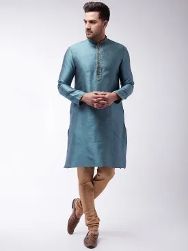 Jashvi Men's Aqua And Rose Gold Silk Blend Kurta With Churidar Set