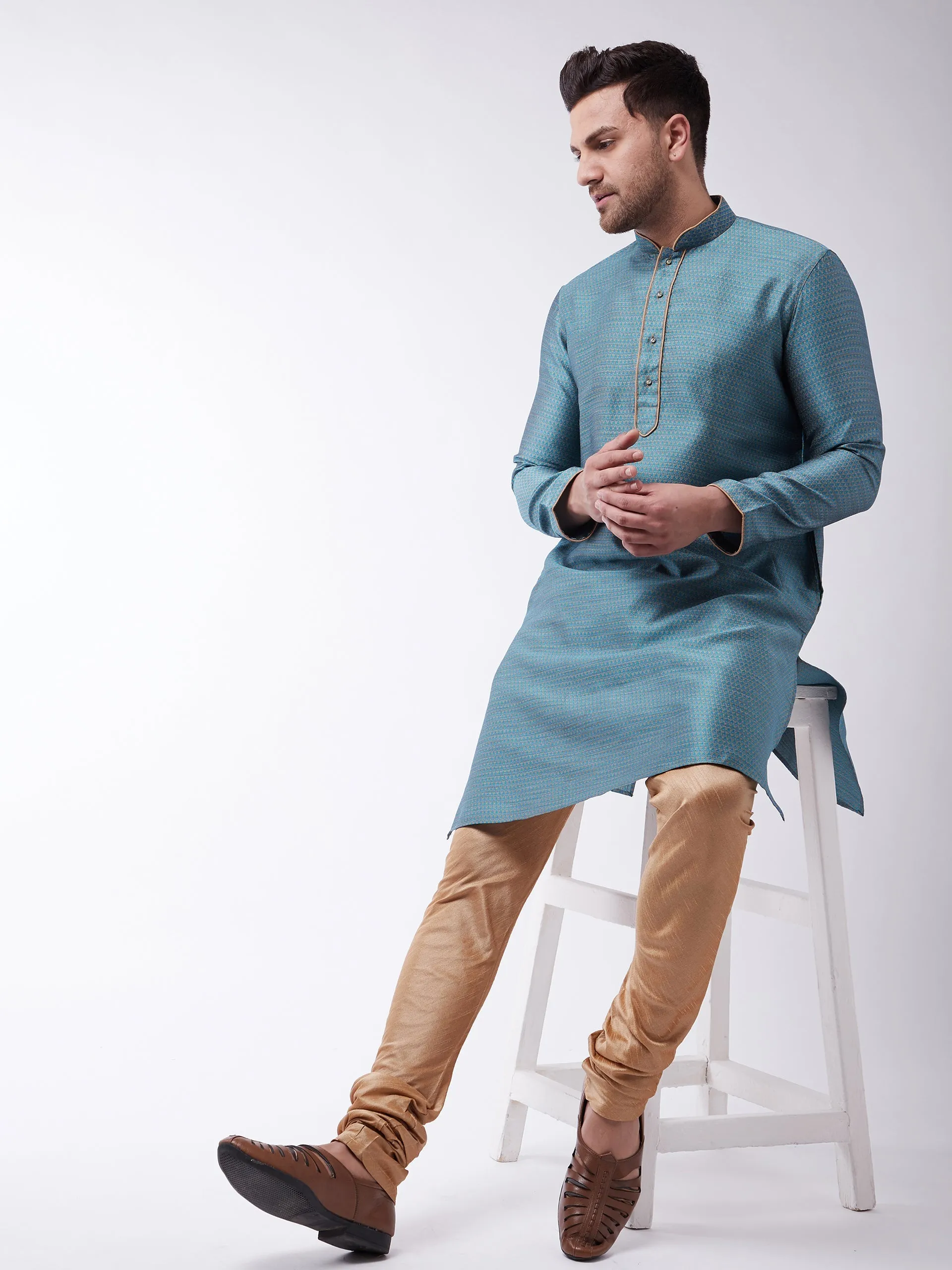 Jashvi Men's Aqua And Rose Gold Silk Blend Kurta With Churidar Set