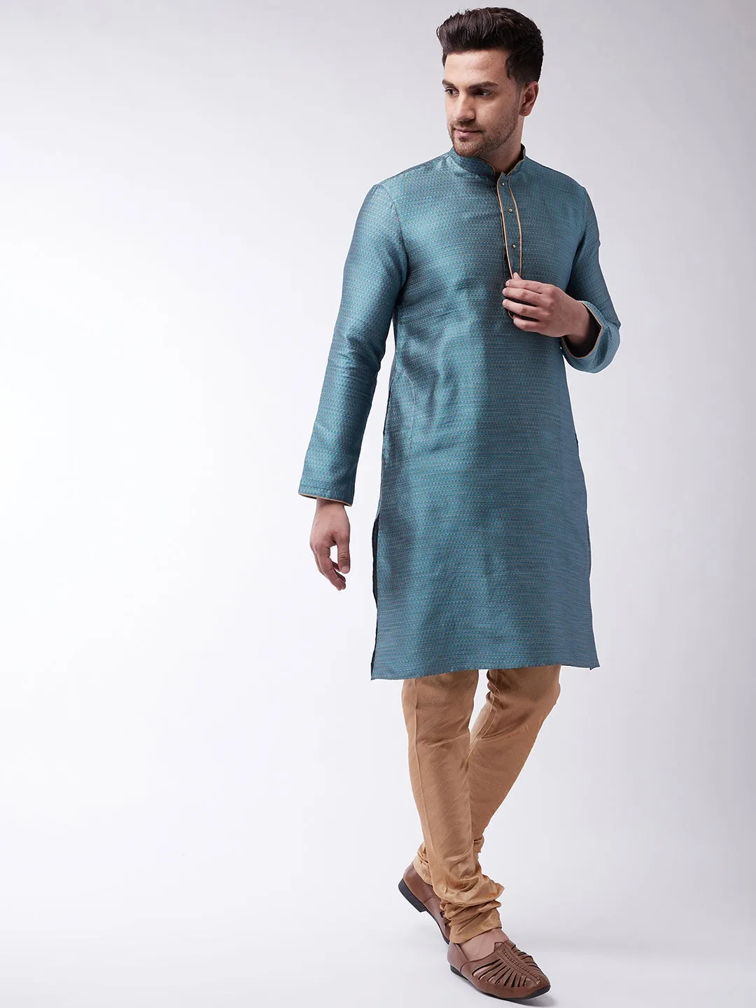 Jashvi Men's Aqua And Rose Gold Silk Blend Kurta With Churidar Set