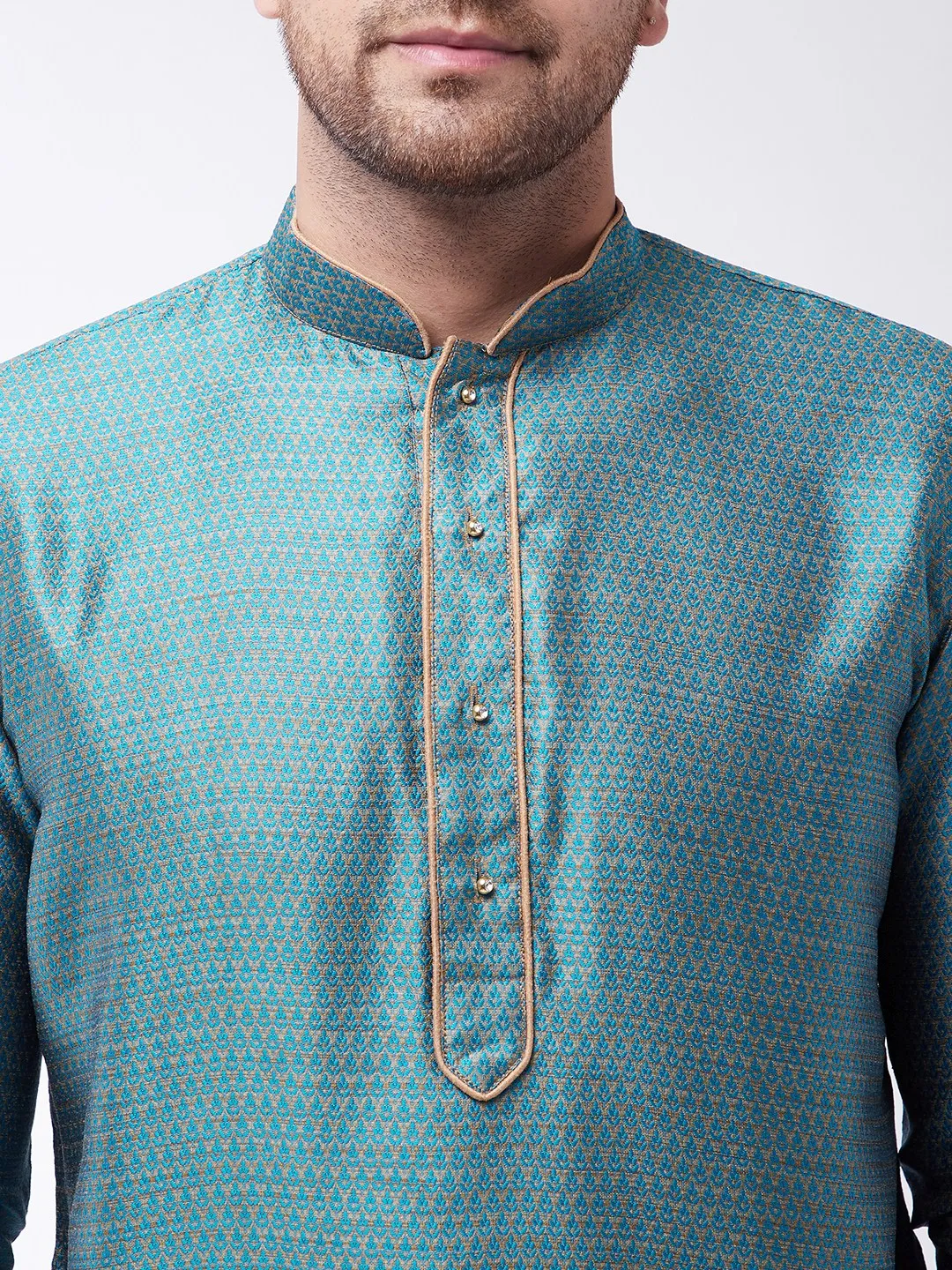 Jashvi Men's Aqua And Rose Gold Silk Blend Kurta With Churidar Set