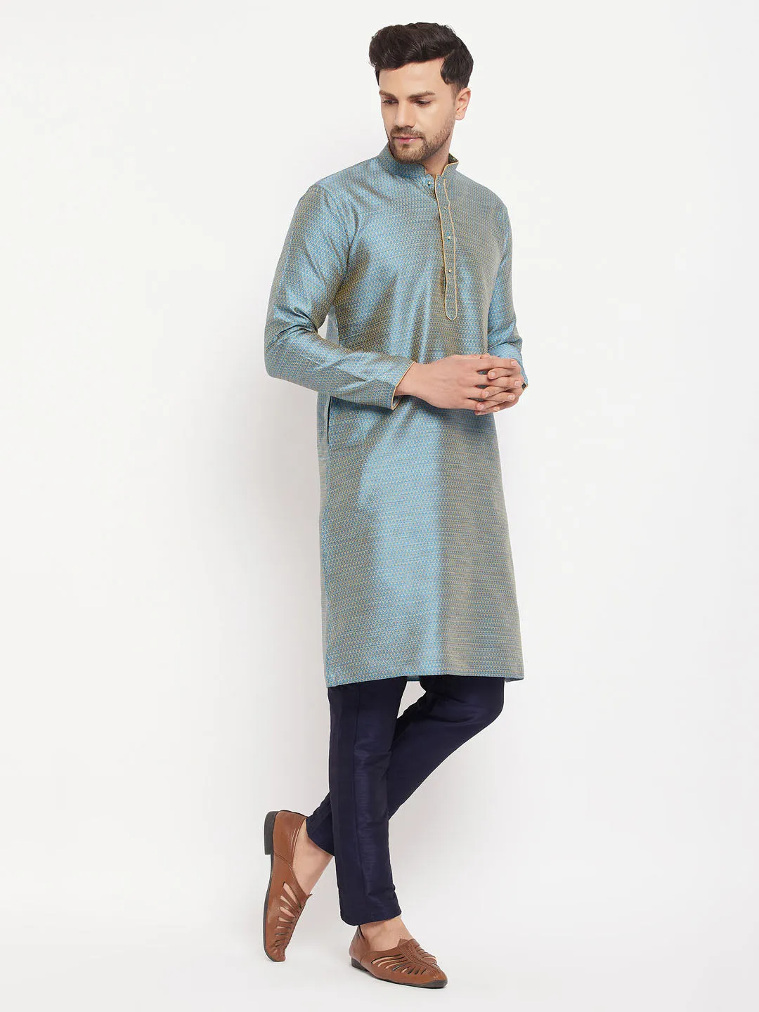 Jashvi Men's Aqua Blue Silk Blend Kurta and Navy Blue Pant Style Pyjama Set