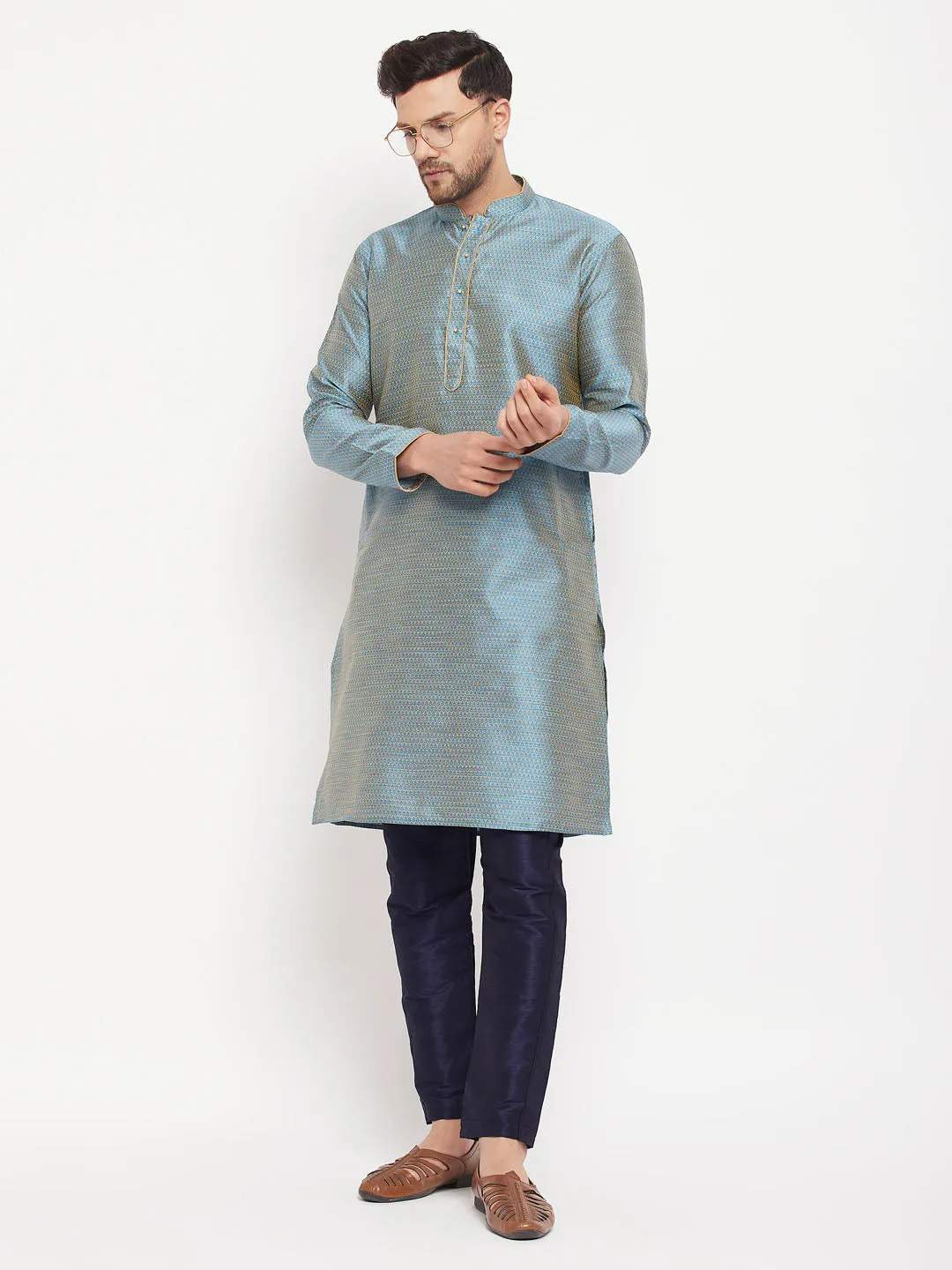 Jashvi Men's Aqua Blue Silk Blend Kurta and Navy Blue Pant Style Pyjama Set