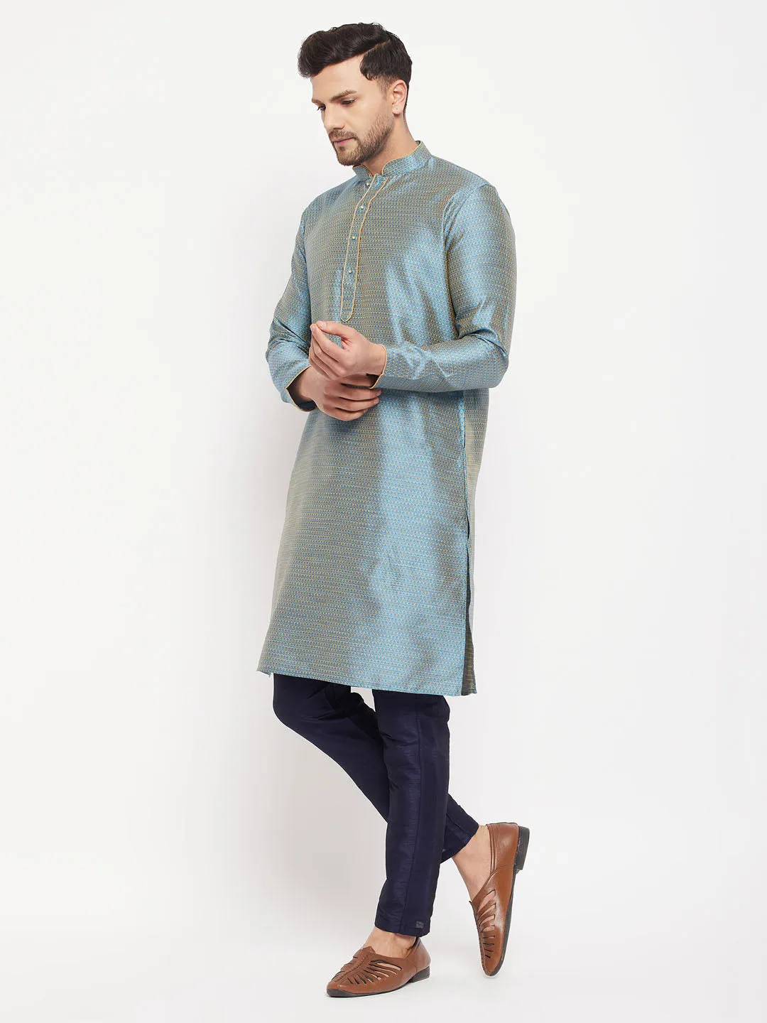 Jashvi Men's Aqua Blue Silk Blend Kurta and Navy Blue Pant Style Pyjama Set