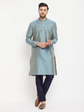 Jashvi Men's Aqua Blue Silk Blend Kurta and Navy Blue Pant Style Pyjama Set