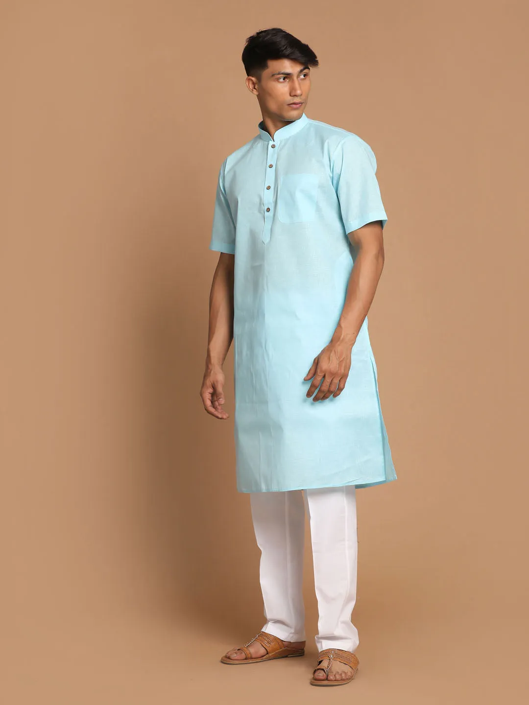 Jashvi Men's Aqua Bule Solid Kurta with White Pant style Cotton Pyjama Set