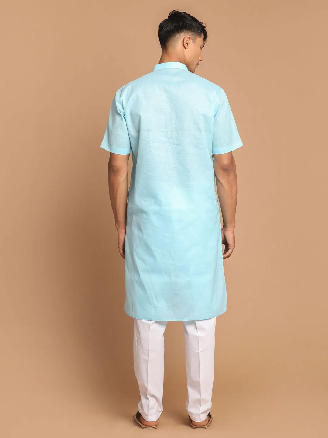 Jashvi Men's Aqua Bule Solid Kurta with White Pant style Cotton Pyjama Set