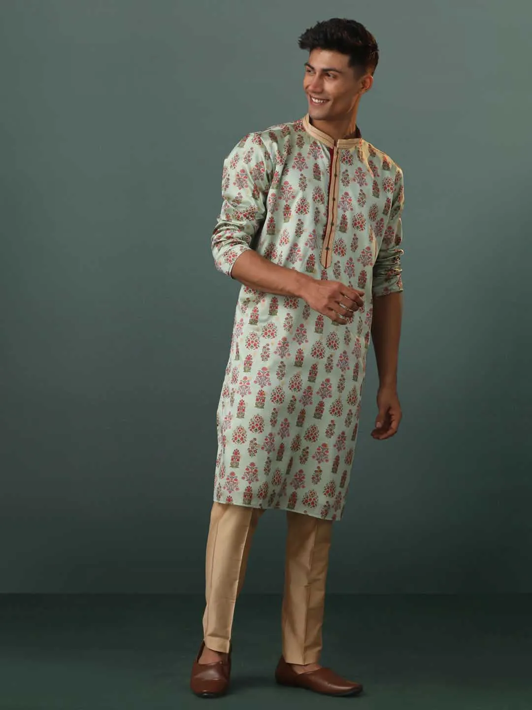 Jashvi Men's Aqua Silk Blend Floral Printed Kurta With Pant Set