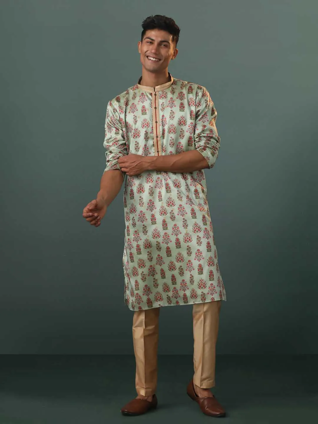 Jashvi Men's Aqua Silk Blend Floral Printed Kurta With Pant Set