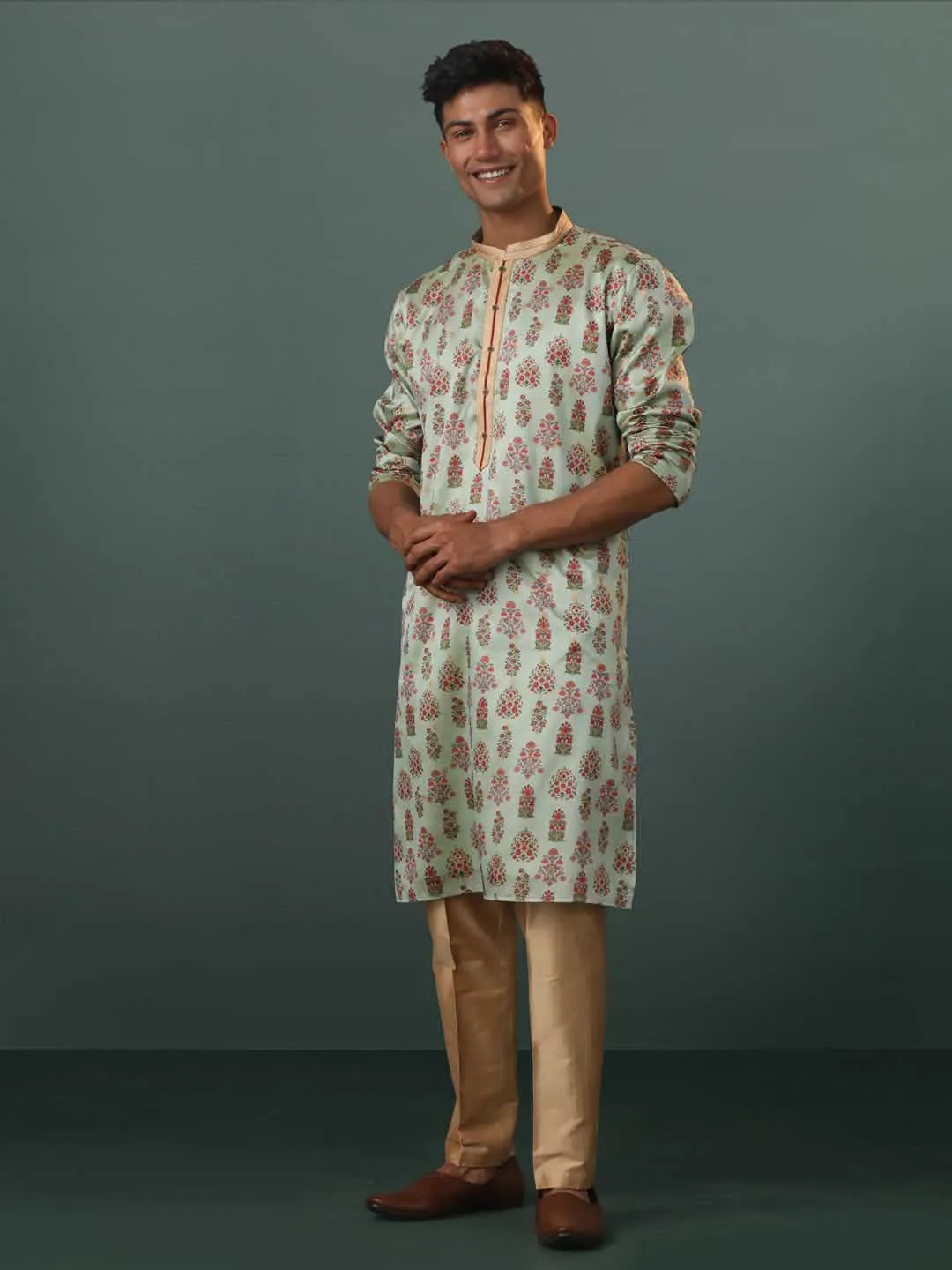 Jashvi Men's Aqua Silk Blend Floral Printed Kurta With Pant Set