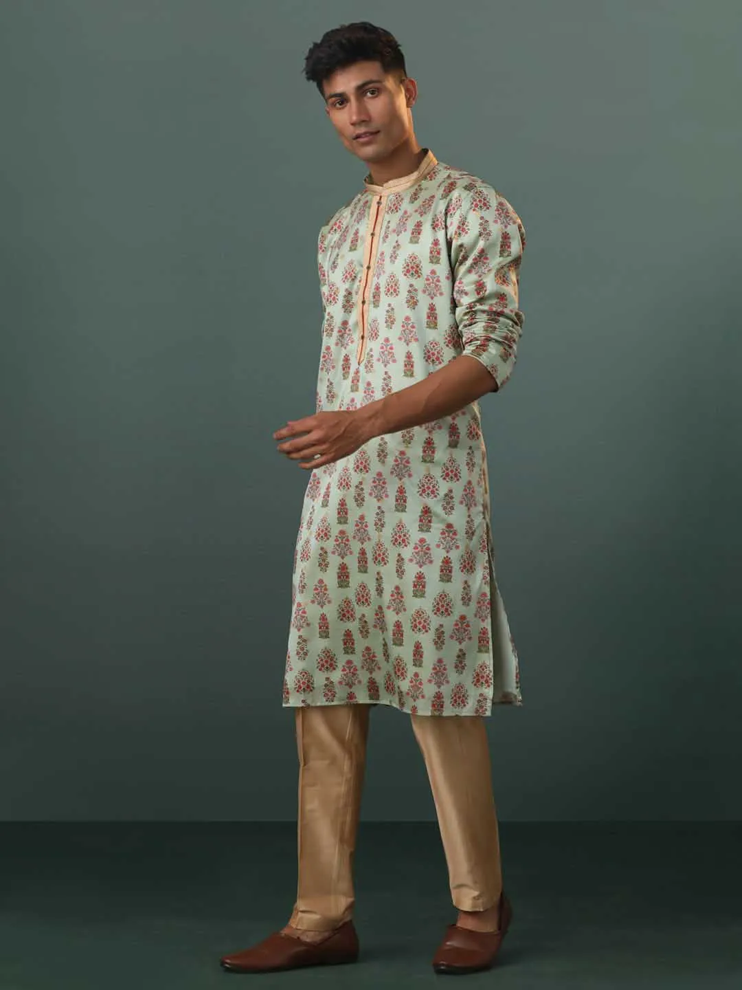 Jashvi Men's Aqua Silk Blend Floral Printed Kurta With Pant Set