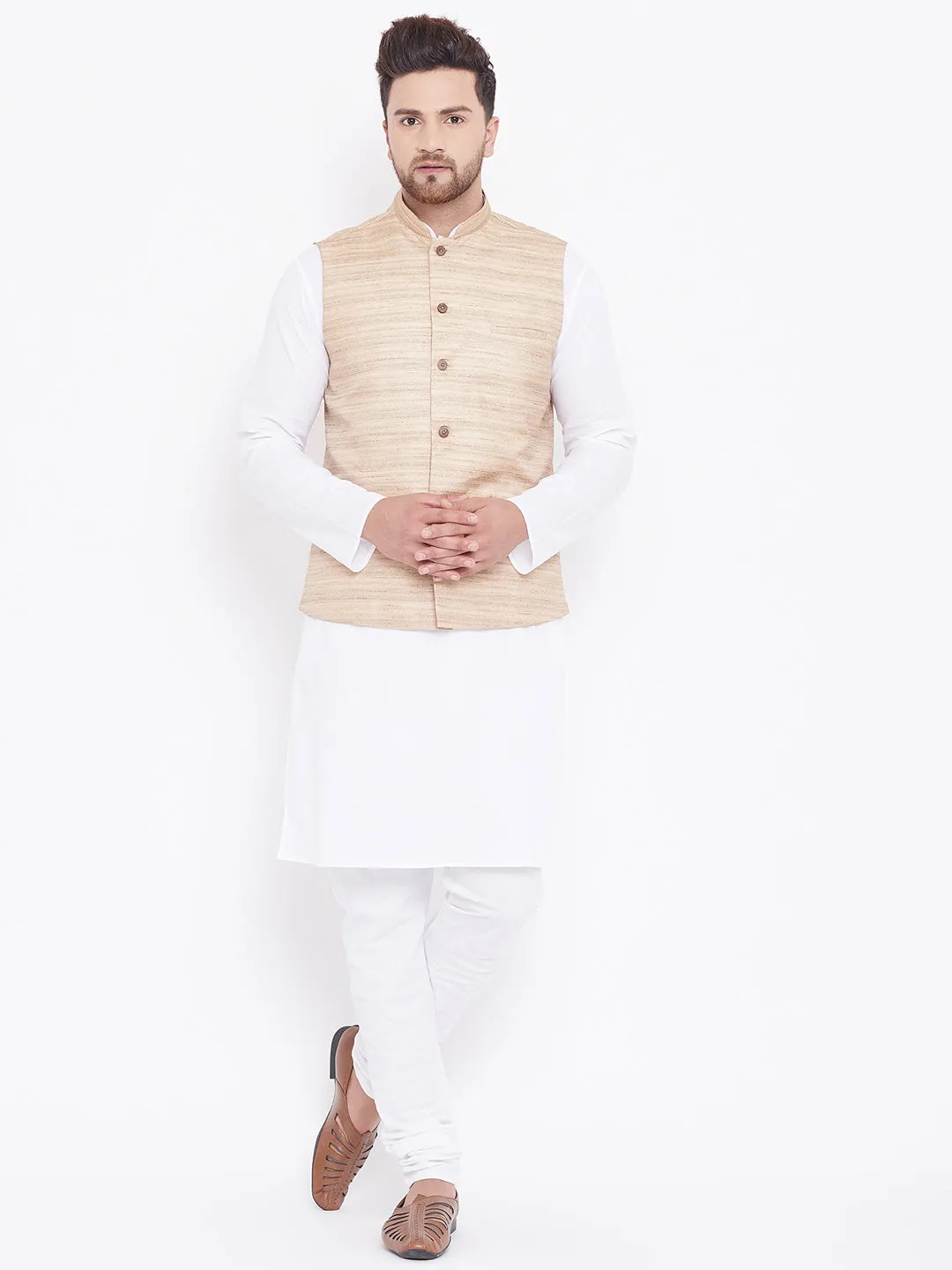 Jashvi Men's Beige And White Cotton Blend Jacket, Kurta and Pyjama Set