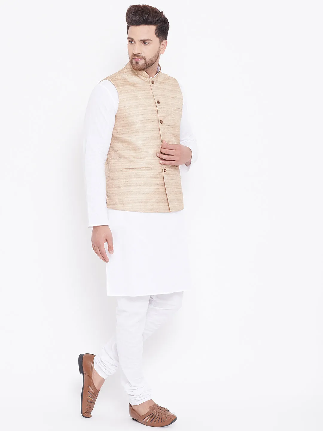 Jashvi Men's Beige And White Cotton Blend Jacket, Kurta and Pyjama Set