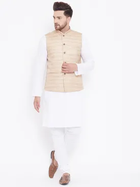 Jashvi Men's Beige And White Cotton Blend Jacket, Kurta and Pyjama Set